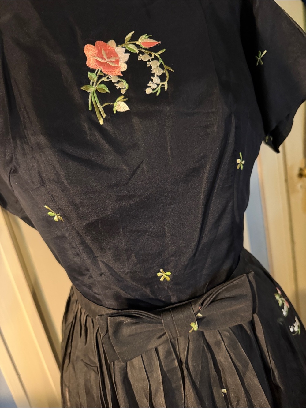 Vintage Black Floral Embroidered Fit-and-Flare Dress - Picture 2 of 5